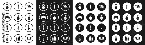 Set Military tank, Bomb ready to explode, helmet, Kettlebell, Hand grenade, knife, Police rubber baton and Flashlight icon. Vector