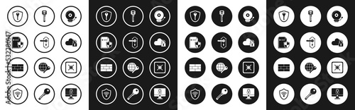 Set Ringing alarm bell, Door handle, Document protection concept, Shield with key, Cloud computing lock, Key, Safe and Bricks icon. Vector