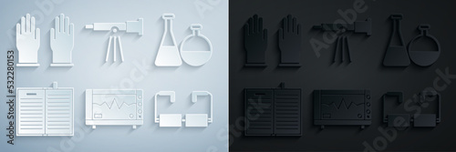 Set Computer monitor with cardiogram, Test tube and flask chemical laboratory, Open science book, Glasses, Telescope and Rubber gloves icon. Vector