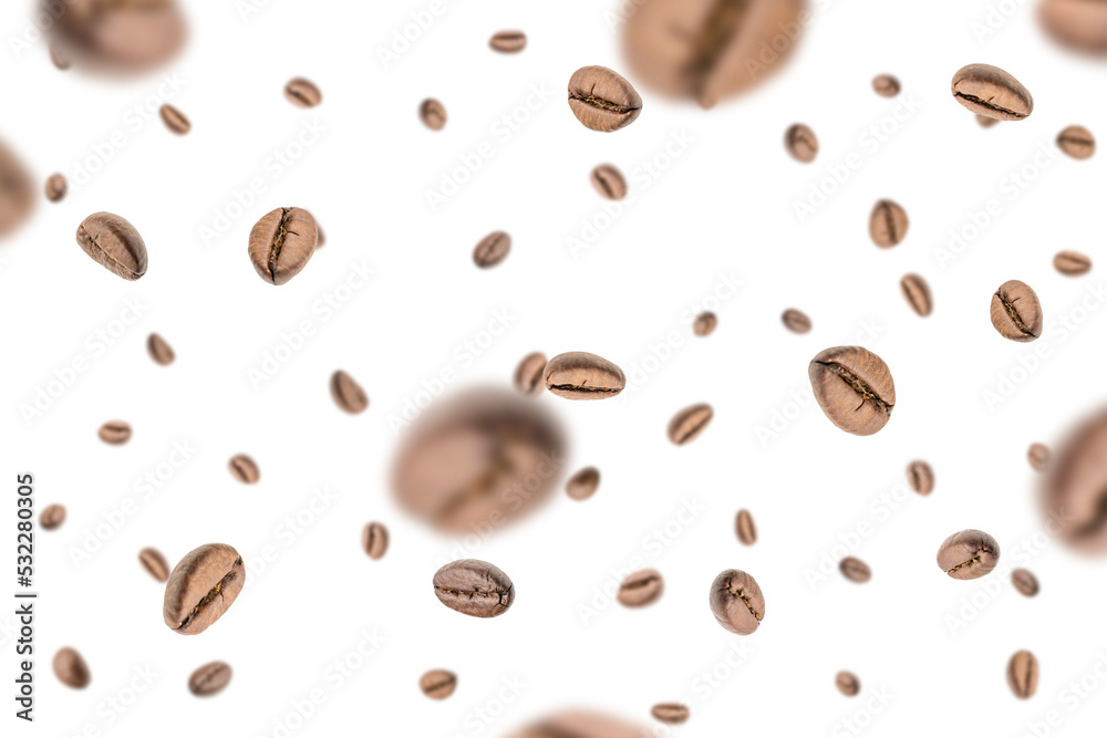 Coffee falling bean background. Black espresso coffee bean flying on white. Aromatic grain fall isolated. Represent breakfast for energy and freshness concept. Coffee falling bean background. Black espresso coffee bean flying on white. Aromatic grain fall isolated. Represent breakfast for energy and freshness concept.