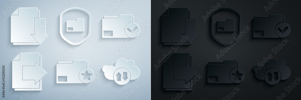Set Document folder with star, and check mark, Next page arrow, Cloud download upload, protection and icon. Vector Set Document folder with star, and check mark, Next page arrow, Cloud download upload, protection and icon. Vector