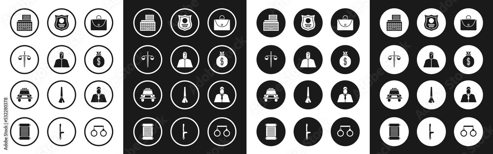 Set Briefcase, Anonymous with question mark, Scales of justice, Retro typewriter, Money bag, Police badge, Lawyer, attorney, jurist and car and flasher icon. Vector Set Briefcase, Anonymous with question mark, Scales of justice, Retro typewriter, Money bag, Police badge, Lawyer, attorney, jurist and car and flasher icon. Vector