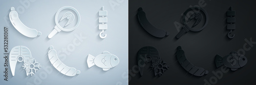Set Sausage, Grilled shish kebab on skewer stick, Fresh frozen fish steak, Fish, in frying pan and icon. Vector