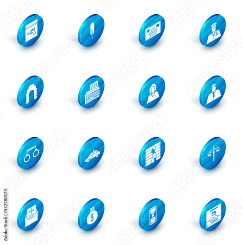 Set Feather pen, Retro audio cassette tape, Police officer, Judge wig, Handcuffs, typewriter, Lawyer, attorney, jurist and icon. Vector