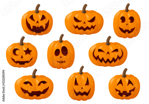 Halloween pumpkin faces set. Collection of funny jack o lantern pumpkins isolated on a white background. Vector illustration