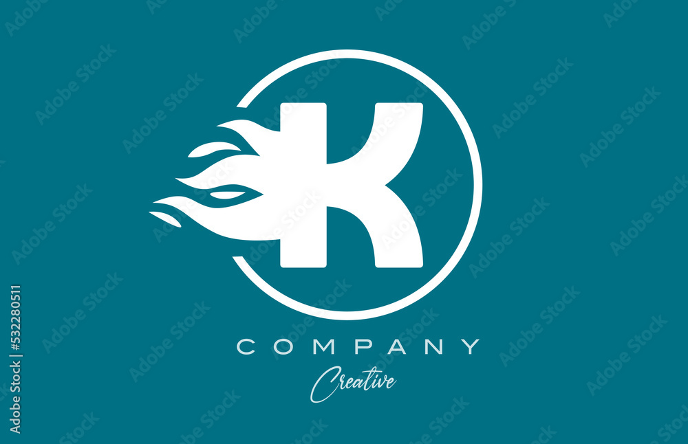 K blue white alphabet letter icon for corporate with flames. Fire design for a company logo K blue white alphabet letter icon for corporate with flames. Fire design for a company logo