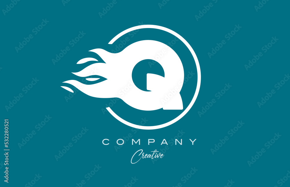 Q blue white alphabet letter icon for corporate with flames. Fire design for a company logo Q blue white alphabet letter icon for corporate with flames. Fire design for a company logo