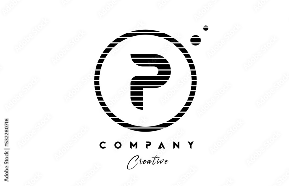 P alphabet letter logo icon design with line stripe and circle. Black and white creative template for company and business P alphabet letter logo icon design with line stripe and circle. Black and white creative template for company and business