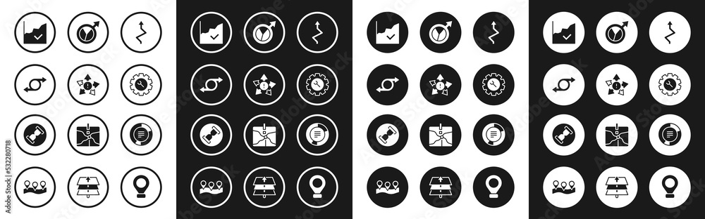 Set Arrow, Many ways directional arrow, Financial growth increase, Wrench and gear, Pie chart infographic and Old hourglass with sand icon. Vector Set Arrow, Many ways directional arrow, Financial growth increase, Wrench and gear, Pie chart infographic and Old hourglass with sand icon. Vector