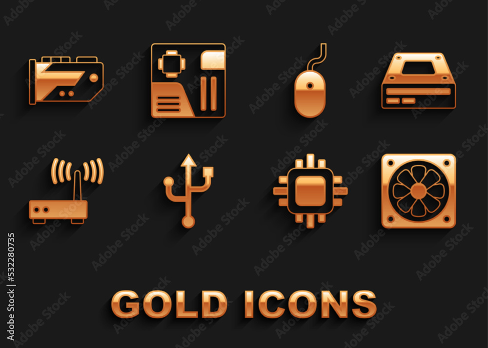 Set USB, Optical disc drive, Computer cooler, Processor with CPU, Router and wi-fi signal, mouse, Video graphic card and Motherboard digital chip icon. Vector Set USB, Optical disc drive, Computer cooler, Processor with CPU, Router and wi-fi signal, mouse, Video graphic card and Motherboard digital chip icon. Vector