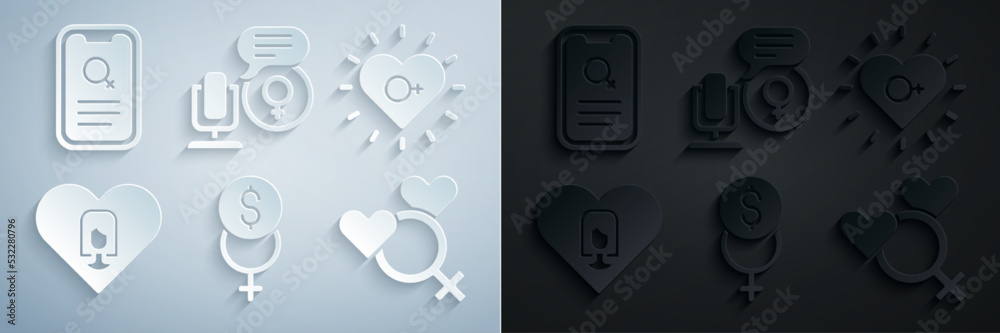 Set Feminism finance, Heart with female, Female gender, Microphone and Dating app icon. Vector