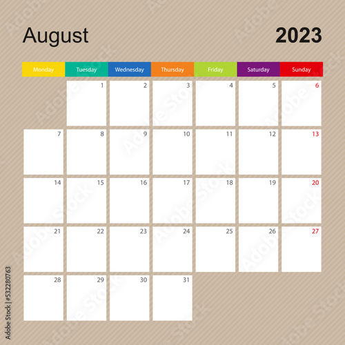 Calendar page for August 2023, wall planner with colorful design. Week starts on Monday.
