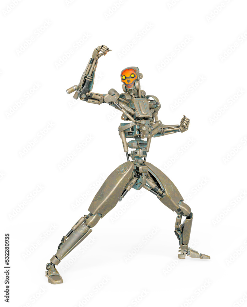 apocalipse cyborg in a deffence pose on white background