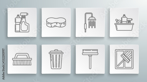 Set line Brush for cleaning, Sponge, Trash can, Squeegee, scraper, wiper, Shower head with water drops flowing, Plastic bottles liquid dishwashing liquid and icon. Vector