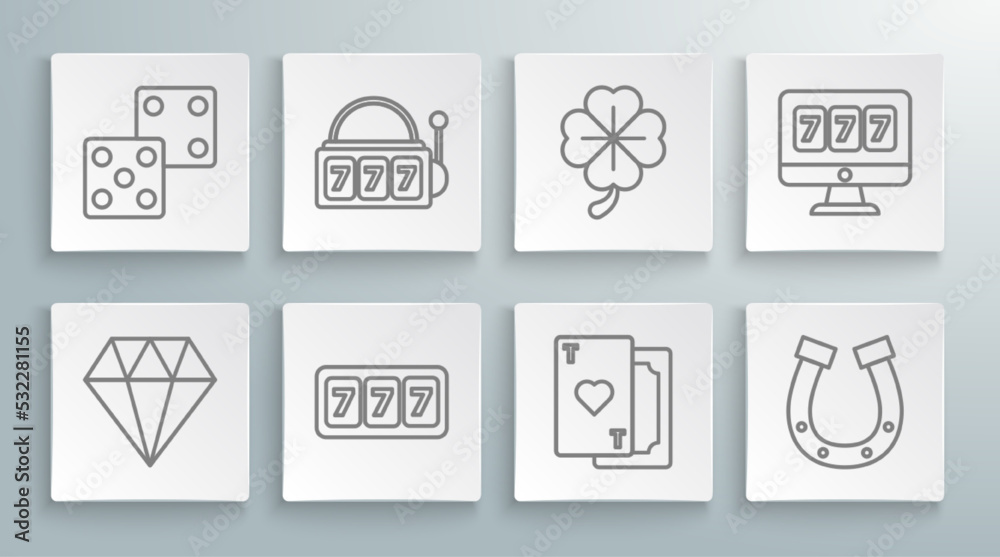 Set line Diamond, Slot machine with lucky sevens jackpot, Playing card heart, Horseshoe, Four leaf clover, Online slot and Game dice icon. Vector Set line Diamond, Slot machine with lucky sevens jackpot, Playing card heart, Horseshoe, Four leaf clover, Online slot and Game dice icon. Vector