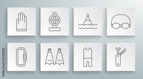 Set line Carabiner, Industry metallic pipes and valve, Rubber flippers for swimming, Wetsuit scuba diving, Swiss army knife, Floating buoy on the sea, Glasses cap and Gloves icon. Vector