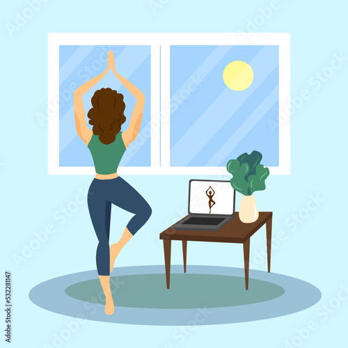 Оnline learning new skills concept. A woman practices yoga virtually online with a teacher. Girl in asana. Vector illustration in a flat style.