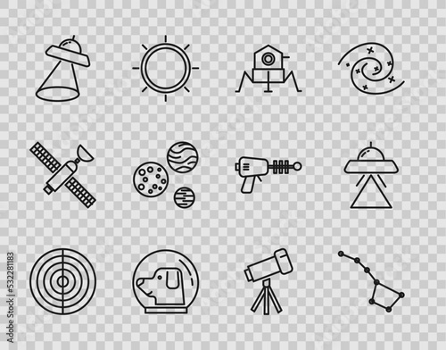 Set line Earth structure, Great Bear constellation, Mars rover, Dog in astronaut helmet, UFO flying spaceship, Planet, Telescope and icon. Vector