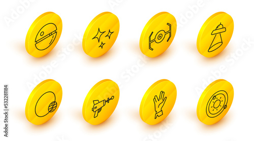 Set line Solar system, Vulcan salute, Ray gun, Planet, UFO flying spaceship, Cosmic, Falling star and Death icon. Vector