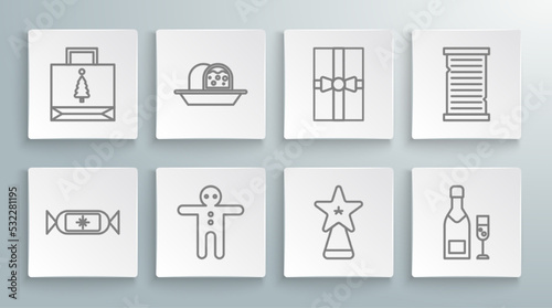 Set line Candy, Marzipan sponge cake, Holiday gingerbread man cookie, Christmas star, Champagne bottle glass of champagne, Gift box, wish list template and paper shopping bag icon. Vector