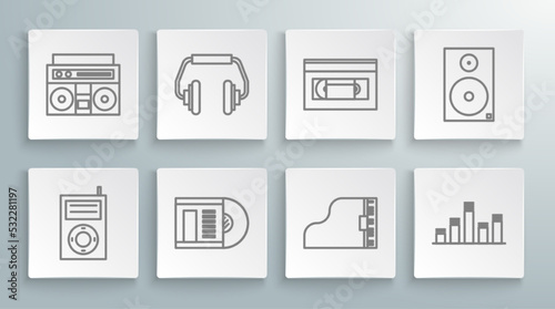 Set line Music MP3 player, Headphones, Vinyl disk, Grand piano, equalizer, VHS video cassette tape, Stereo speaker and Home stereo with two speakers icon. Vector