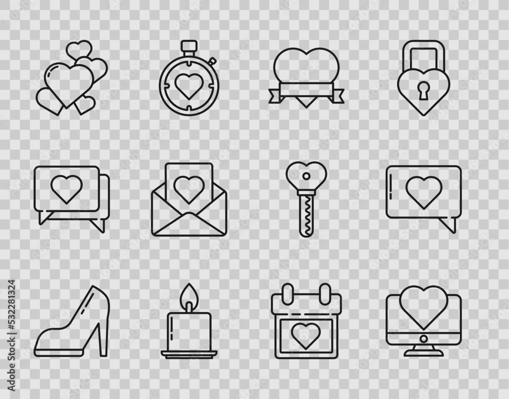 Set line Woman shoe with high heel, Computer monitor heart, Heart and ribbon, Burning candle, Envelope, Calendar and Like icon. Vector Set line Woman shoe with high heel, Computer monitor heart, Heart and ribbon, Burning candle, Envelope, Calendar and Like icon. Vector