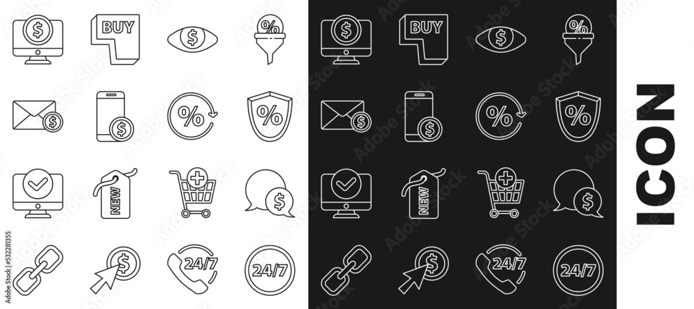 Set line Clock 24 hours, Speech bubble with dollar, Loan percent, Eye, Smartphone, Envelope coin, Computer monitor and Discount tag icon. Vector Set line Clock 24 hours, Speech bubble with dollar, Loan percent, Eye, Smartphone, Envelope coin, Computer monitor and Discount tag icon. Vector