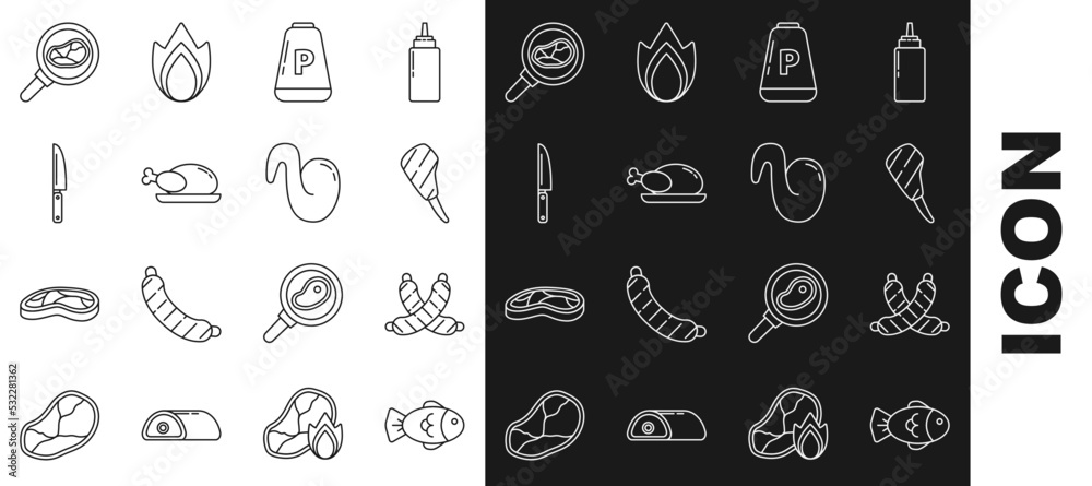 Set line Fish, Crossed sausage, Rib eye steak, Pepper, Roasted turkey or chicken, Knife, Steak meat in frying pan and Fried wing icon. Vector Set line Fish, Crossed sausage, Rib eye steak, Pepper, Roasted turkey or chicken, Knife, Steak meat in frying pan and Fried wing icon. Vector