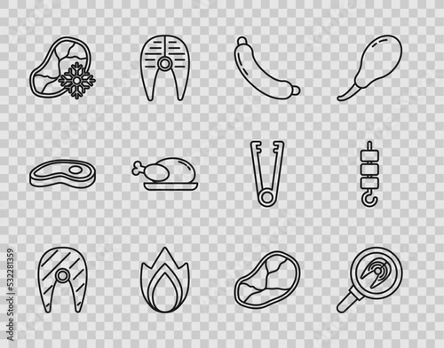 Set line Fish steak, in frying pan, Sausage, Fire flame, Fresh frozen meat, Roasted turkey or chicken, Steak and Grilled shish kebab on skewer stick icon. Vector