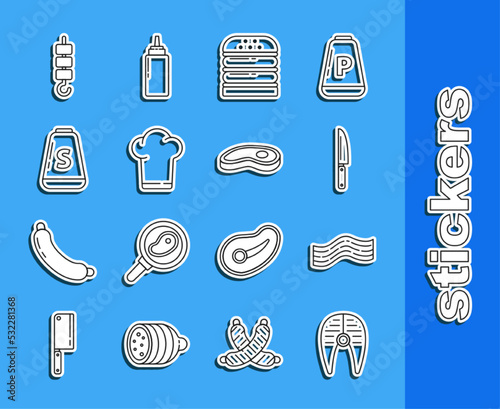 Set line Fish steak, Bacon stripe, Knife, Burger, Chef hat, Salt, Grilled shish kebab skewer stick and Steak meat icon. Vector