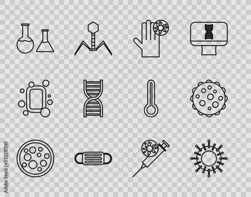Set line Virus, Hand with virus, Medical protective mask, Test tube flask, DNA symbol, Syringe and icon. Vector