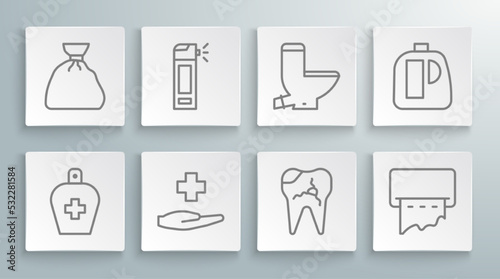 Set line Bottle of liquid antibacterial soap, Cross hospital medical, Broken tooth, Paper towel dispenser on wall, Toilet bowl, Bottles for cleaning agent and Garbage bag icon. Vector