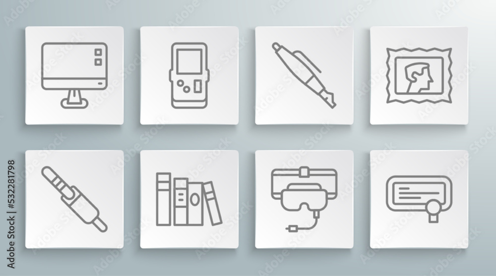 Set line Audio jack, Tetris, Book, Virtual reality glasses, Certificate template, Fountain pen nib, Postal stamp and Computer monitor screen icon. Vector Set line Audio jack, Tetris, Book, Virtual reality glasses, Certificate template, Fountain pen nib, Postal stamp and Computer monitor screen icon. Vector