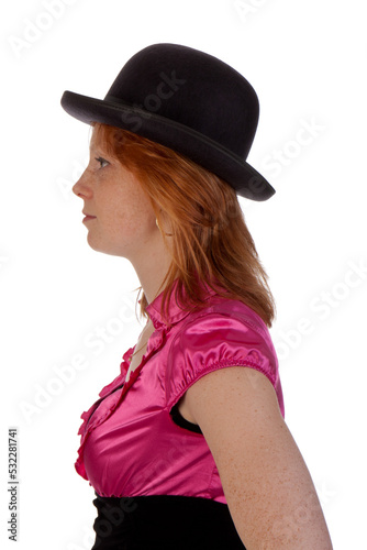 Photography Pretty redhear girl in a pink blouse with a bowler isolated on transparent backg