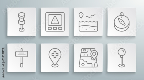 Set line Road traffic sign, Gps device error, Medical location with cross, City map navigation, Push pin, Location beach, Compass and icon. Vector