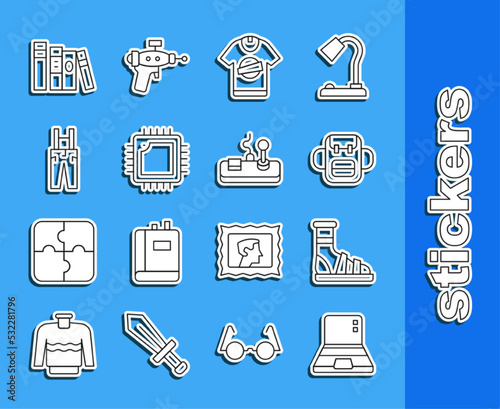 Set line Laptop, Slippers with socks, School backpack, T-shirt, Processor CPU, Pants suspenders, Book and Gamepad icon. Vector
