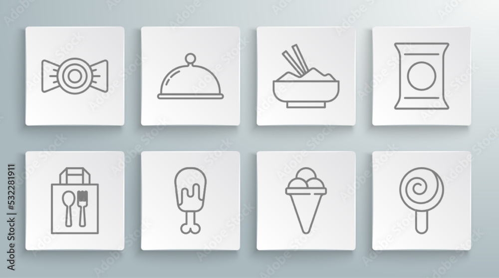 Set line Online ordering and delivery, Covered with tray, Chicken leg, Ice cream waffle cone, Lollipop, Rice bowl chopstick, Bag packet potato chips and Candy icon. Vector Set line Online ordering and delivery, Covered with tray, Chicken leg, Ice cream waffle cone, Lollipop, Rice bowl chopstick, Bag packet potato chips and Candy icon. Vector