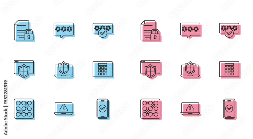 Set line Graphic password protection, Laptop with exclamation mark, Document and lock, Smartphone, protected shield, Password, Browser and icon. Vector