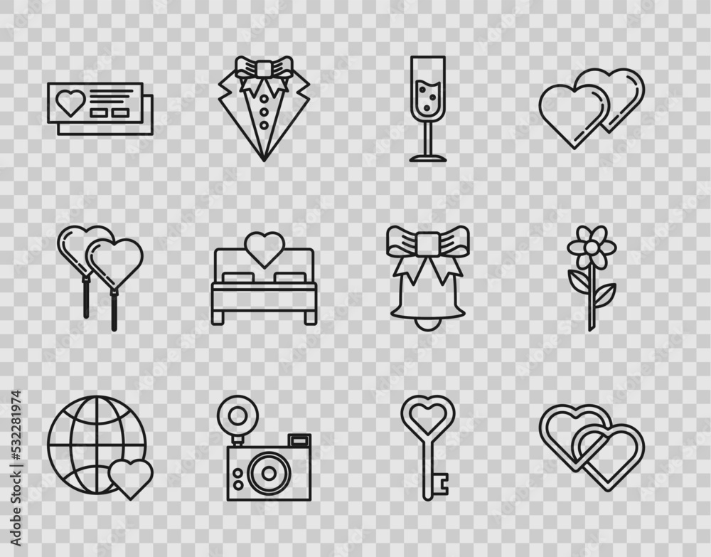 Set line The heart world love, Two Linked Hearts, Glass of champagne, Photo camera, Ticket with, Bedroom, Key shape and Flower icon. Vector Set line The heart world love, Two Linked Hearts, Glass of champagne, Photo camera, Ticket with, Bedroom, Key shape and Flower icon. Vector