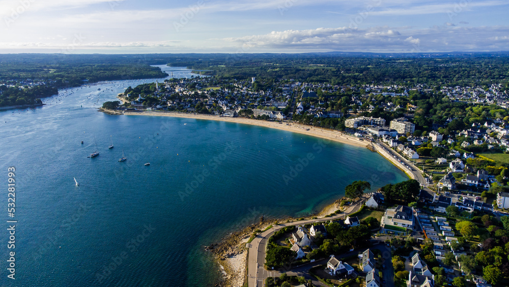 Aerial view of Bénodet, a seaside resort town in Finistère, France - Sandy beach along the Atlantic Ocean in the south of Brittany