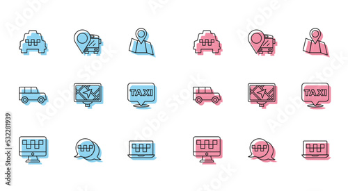 Set line Computer call taxi service, Taxi telephone, car, Laptop, Gps device with map, Location, Car and bus icon. Vector
