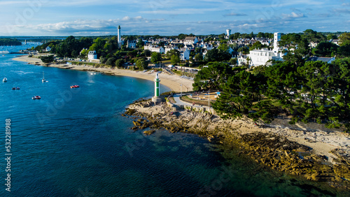 Aerial view of the Le Coq lighthouse at the mouth of the river Odet in Bénodet, a seaside resort town in Finistère, Brittany, France
