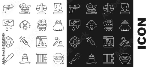 Set line Bandit, Judge gavel, Wallet, Scales of justice, Handcuffs, Bloody money, Pistol or gun and Dynamite timer clock icon. Vector