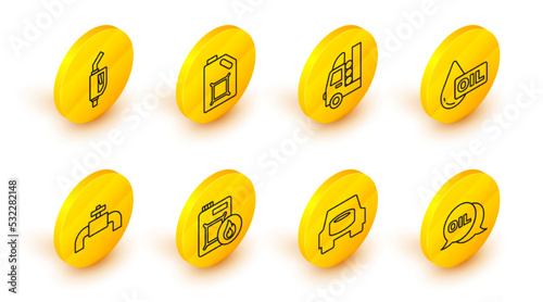 Set line Word oil, Spare wheel in the car, Canister for motor, Metallic pipes and valve, Oil drop, Gas tank vehicle, and Gasoline pump nozzle icon. Vector