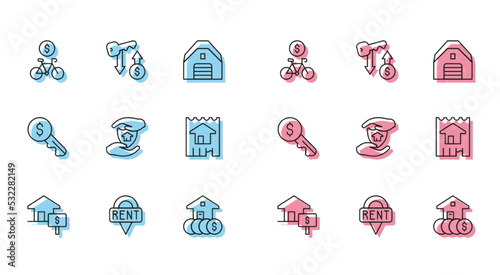 Set line House with dollar, Location key, Bicycle rental mobile app, shield, Rent and icon. Vector