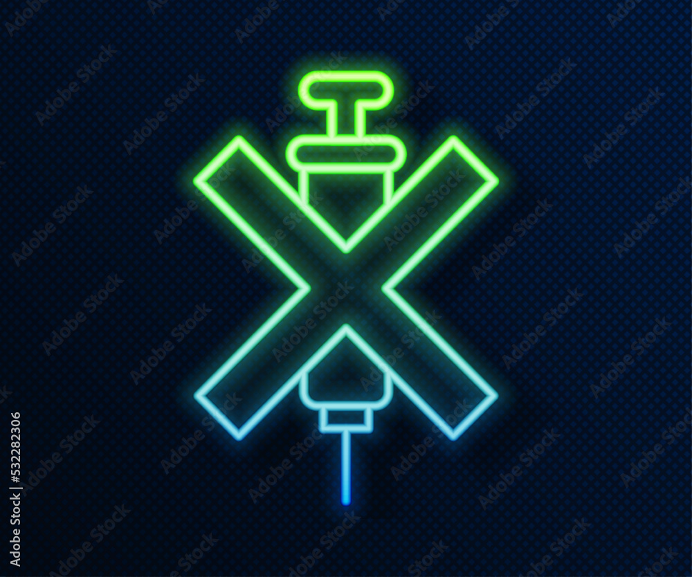 Obraz premium Glowing neon line No doping syringe icon isolated on blue background. Vector