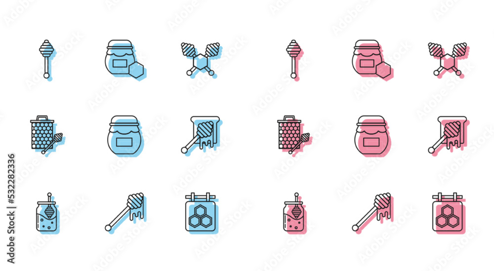 Set line Jar of honey and honey dipper stick, Honey with dripping, Hanging sign honeycomb, Honeycomb stickicon and icon. Vector Set line Jar of honey and honey dipper stick, Honey with dripping, Hanging sign honeycomb, Honeycomb stickicon and icon. Vector