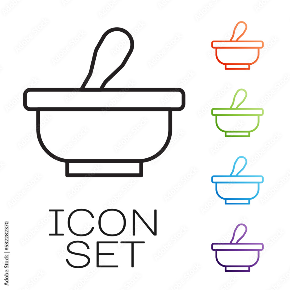 Black line Mortar and pestle icon isolated on white background. Set icons colorful. Vector