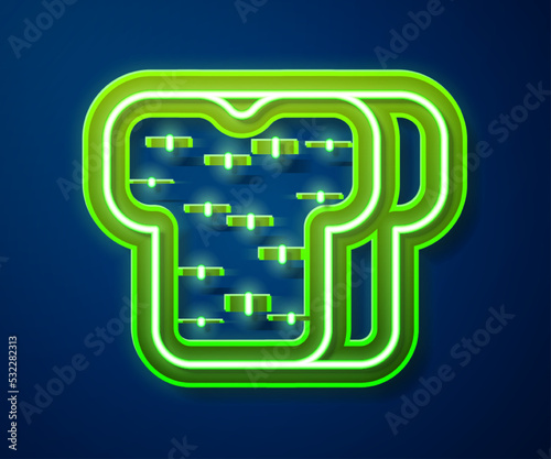 Glowing neon line Bread toast for sandwich piece of roasted crouton icon isolated on blue background. Lunch, dinner, breakfast snack. Vector