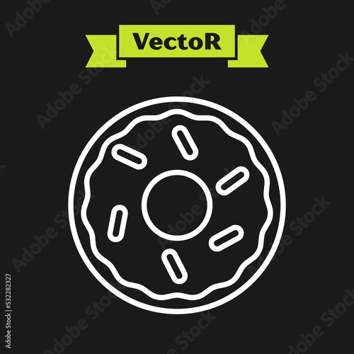 White line Donut with sweet glaze icon isolated on black background. Vector